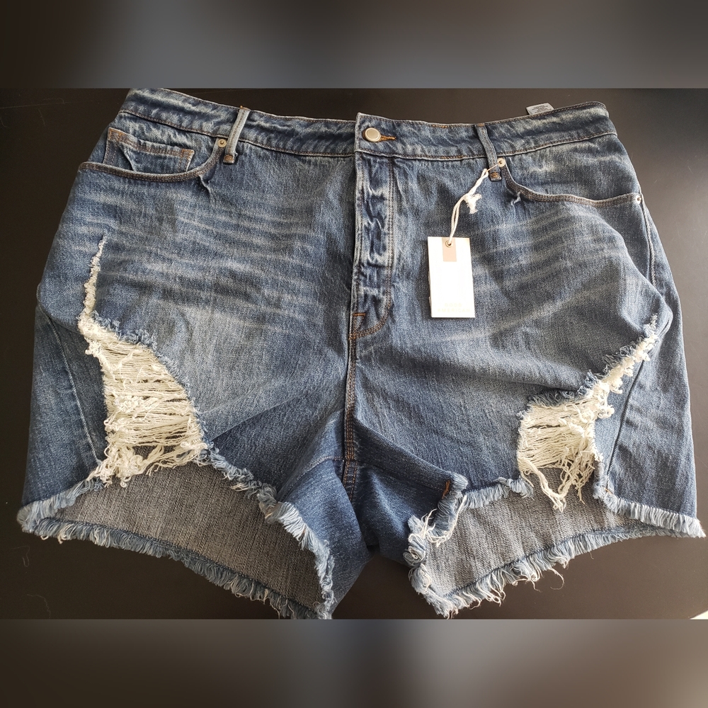 Good American Distressed Dark Blue Denim Shorts